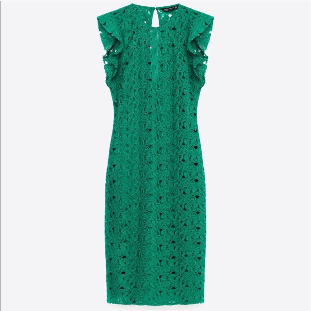 ZARA GREEN GUIPURE LACE MIDI DRESS BRAND NEW WITH TAGS XS - Picture 2 of 4